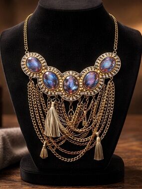 Capwell Gold Necklace Purple Iridescent Shells Rhinestones Multi Chain Tassel
